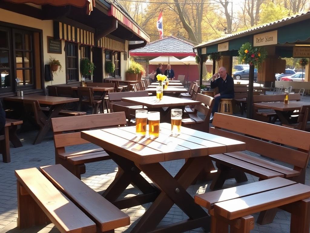 Biergarnituren mit Holztischen und Bänken im Außenbereich