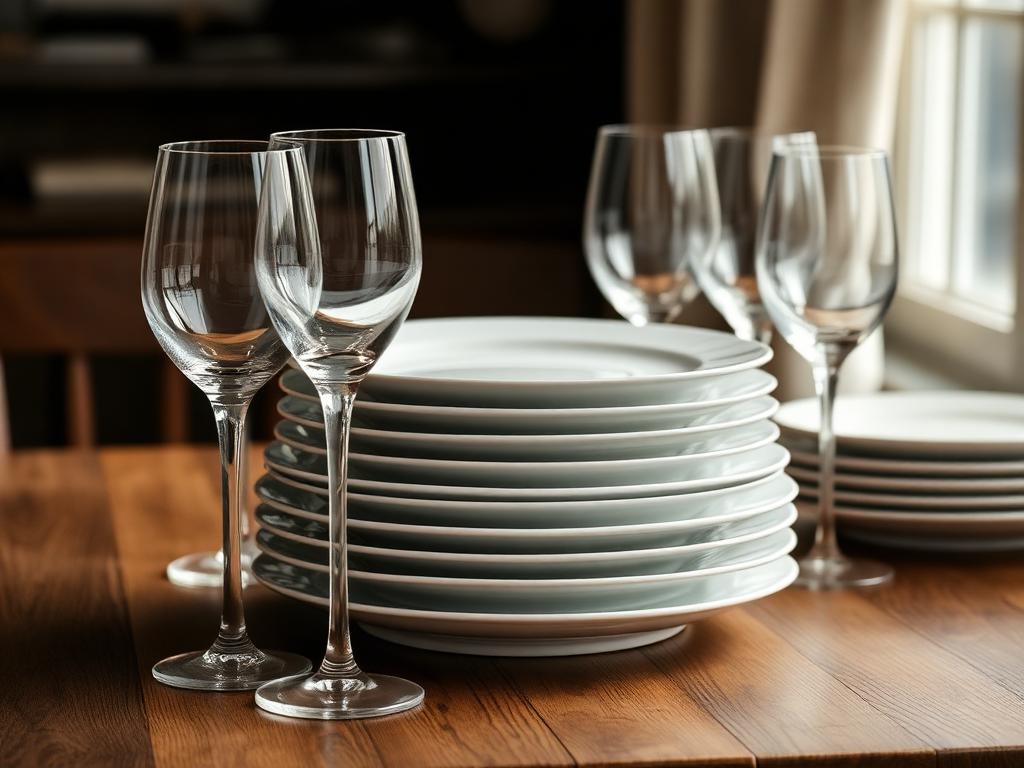 Stapel weißer Teller mit Weingläsern auf einem Holztisch