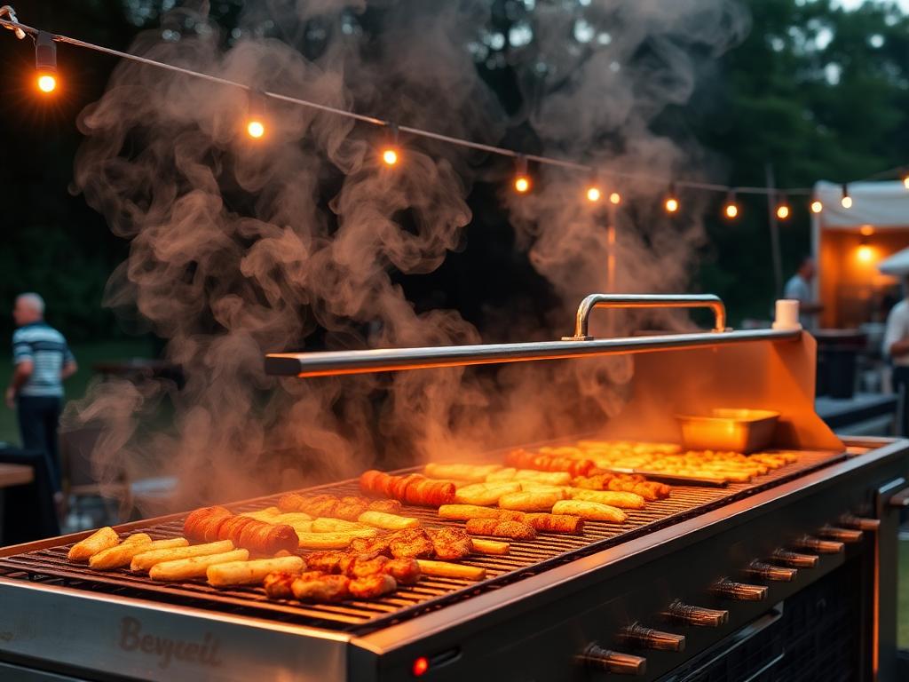Großer Eventgrill mit Speisen und Rauch im Abendlicht