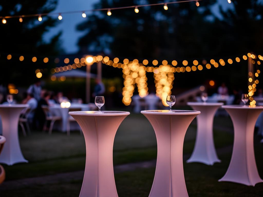 Stehtische mit weißen Hussen vor abendlicher Lichterkette