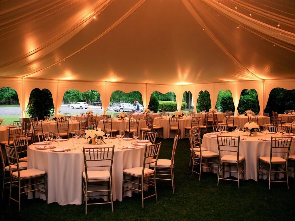 Eingedeckte Festtische mit Stühlen unter einem Zelt