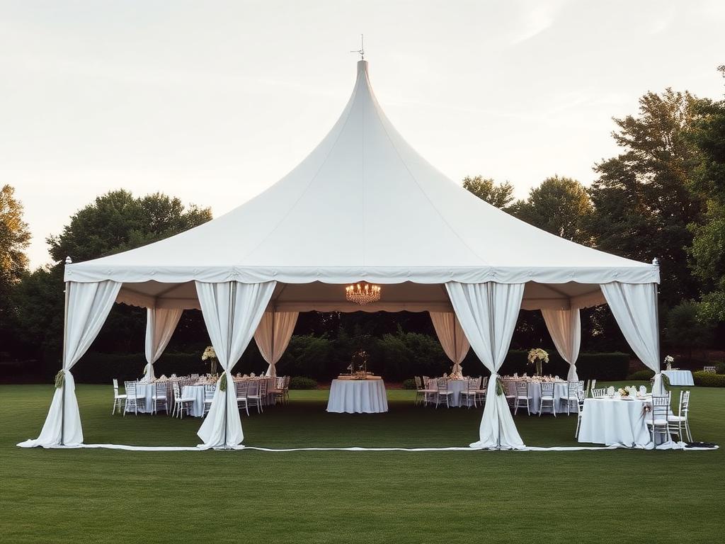 Großes weißes Festzelt für eine Hochzeit auf einer grünen Wiese
