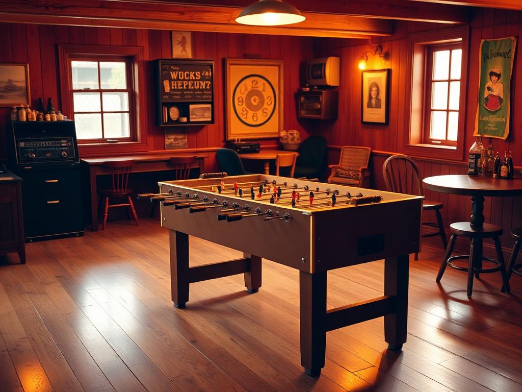 Klassischer Kickertisch in einem warm beleuchteten Raum
