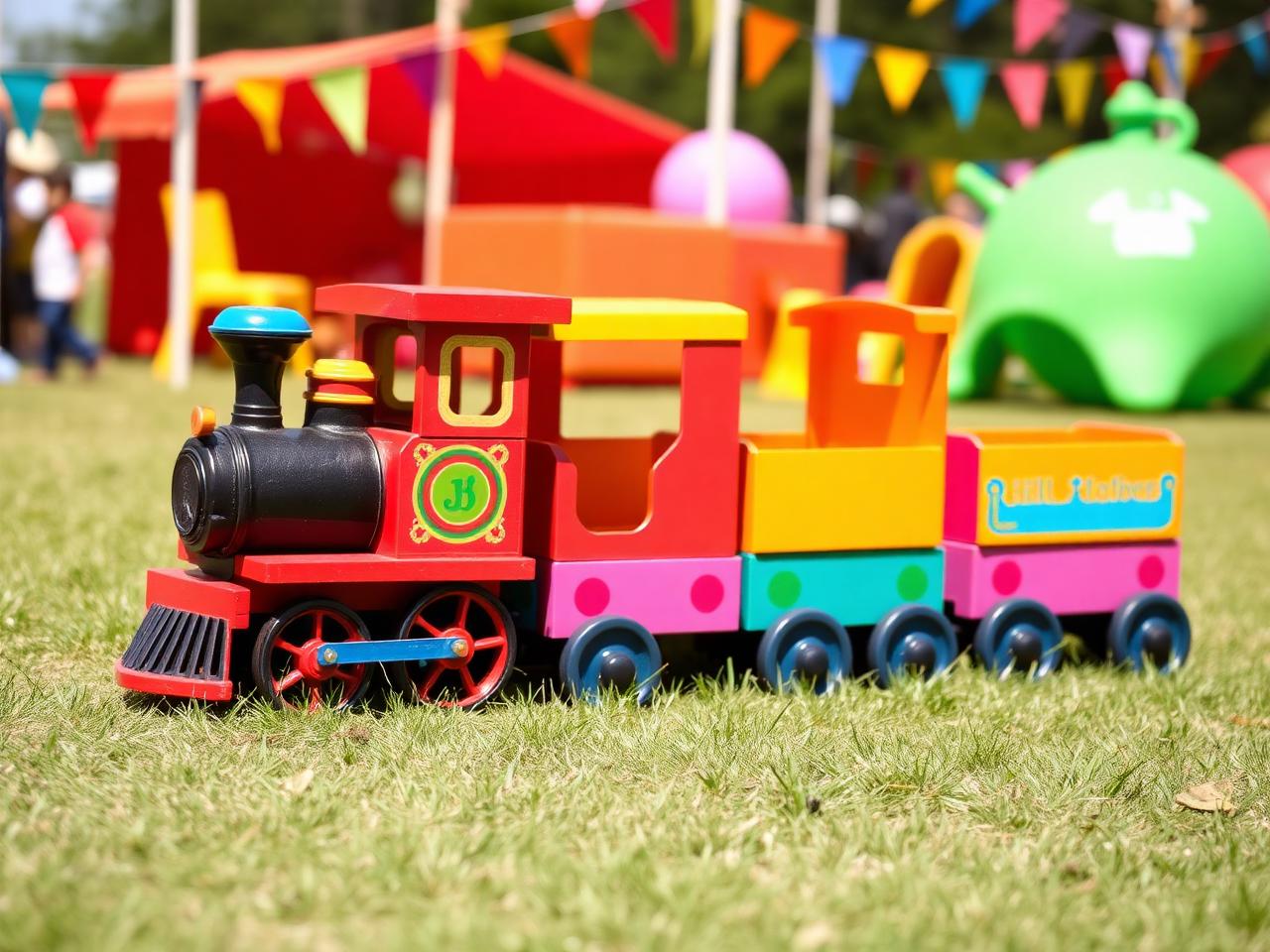 Bunte Kindereisenbahn mit Lokomotive und drei Wagen auf einem Fest