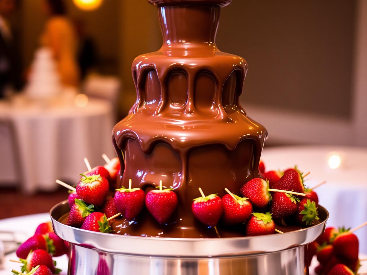 Schokoladenbrunnen mit fließender Schokolade und Erdbeeren