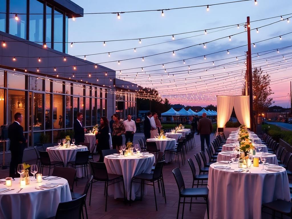 Firmenevent im Freien mit Stehtischen und Lichterketten in der Dämmerung