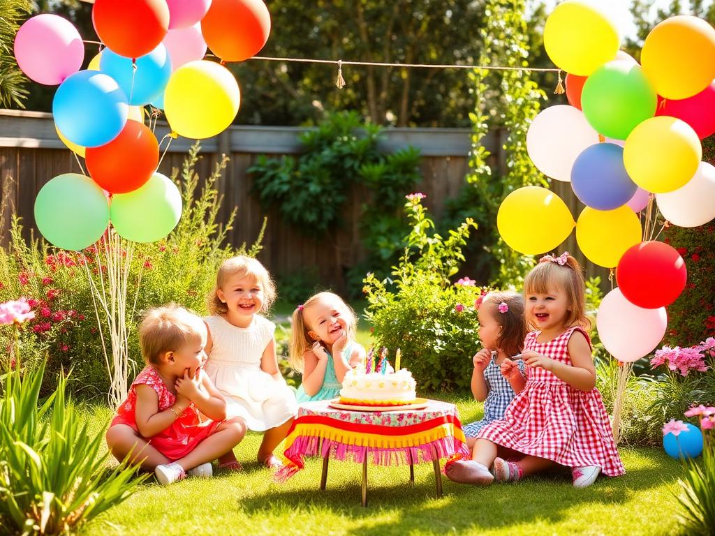 Garten mit Luftballons und gedecktem Geburtstagstisch
