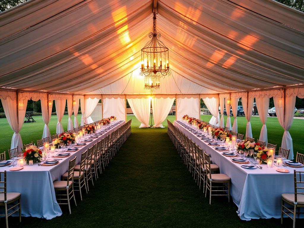 Hochzeitstafel unter einem festlich beleuchteten Zelt